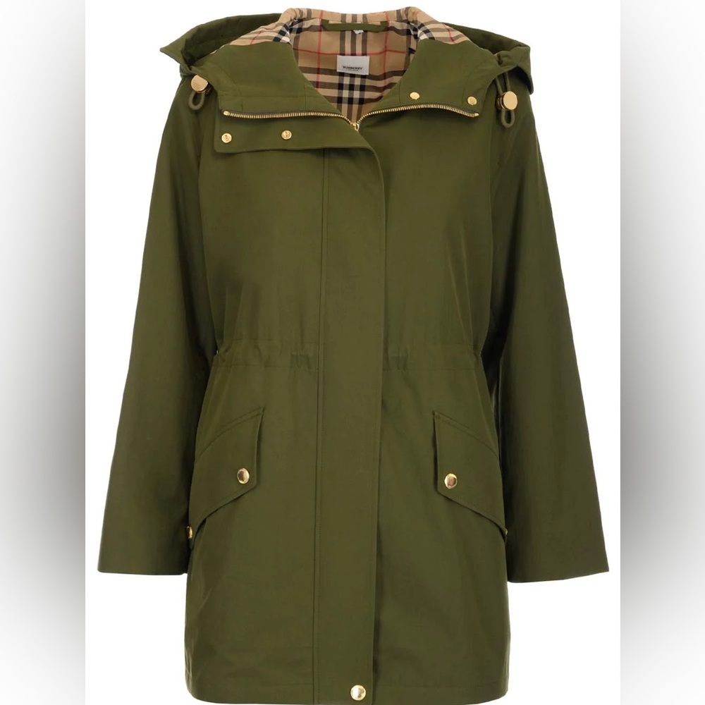 BURBERRY CHECK-LINED HOODED JACKET IN DARK OLIVE GREEN